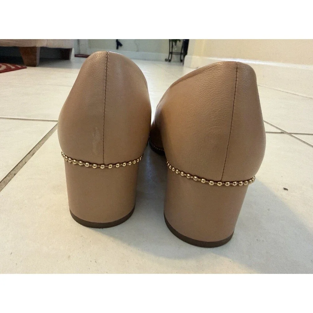 COACH Women’s Beige Pointed Toe Studded Trim Solid Slip-On Block Heel Pumps